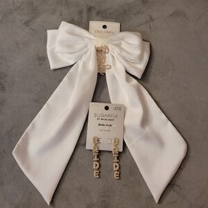 BRIDE White Bow Hair Accessory and Earrings.